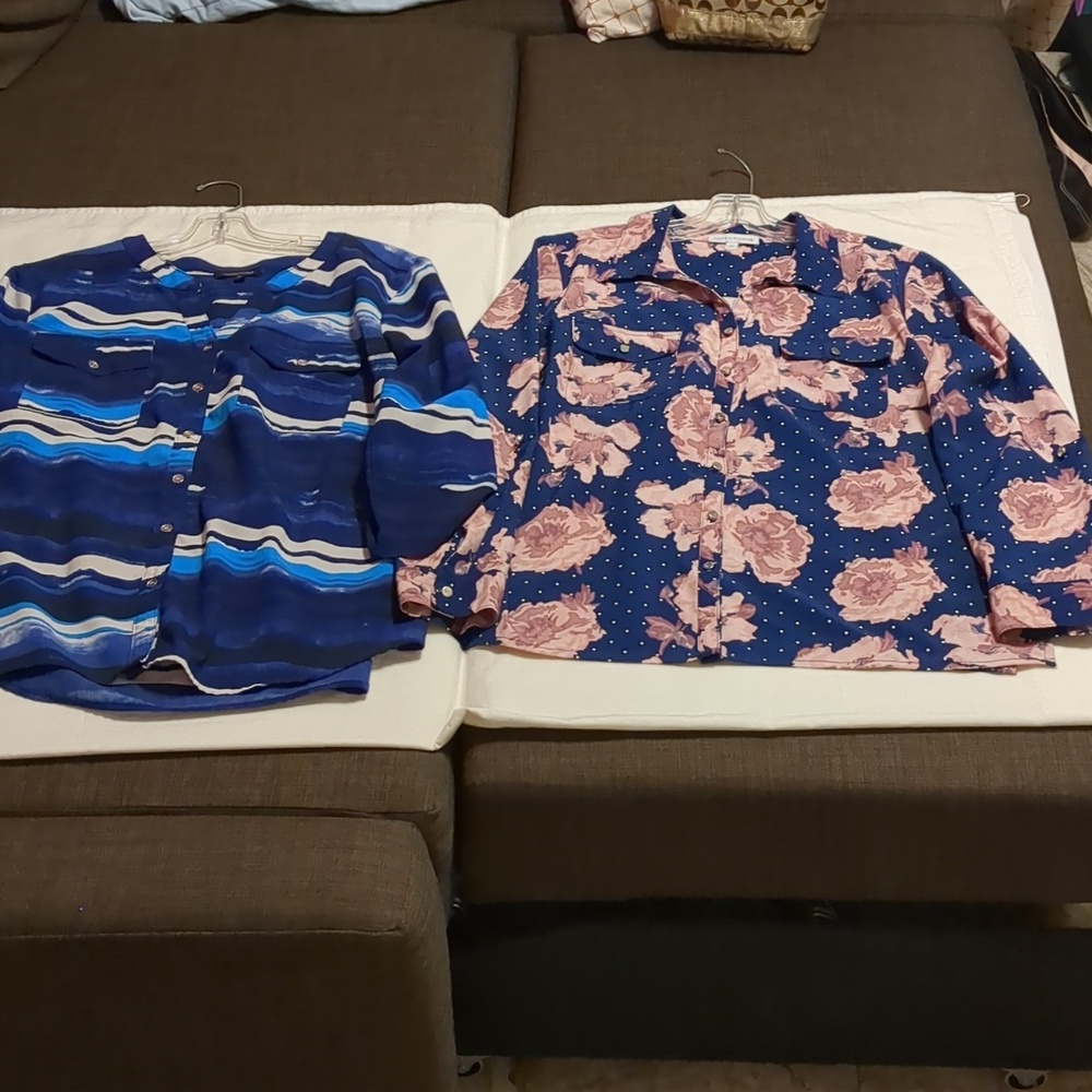 NOTATIONS womens Blue Floral -Stripes Long Sleeves Blouses Lot Of Two Size L- XL